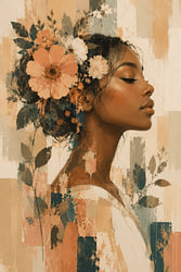 Portrait of a woman with flowers and botanical elements in soft earth tones