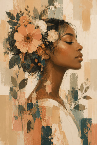Portrait de femme avec des fleurs et des éléments botaniques dans des tons doux et terreux sur Studio Allee