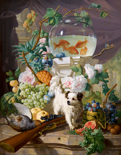 Stilleven met bloemen, fruit en een hond, Abraham van Strij