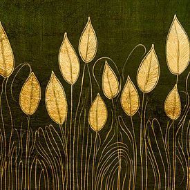 Abstraktes Gemälde mit goldenen Gräsern auf Olivgrün von Studio Pieternel