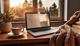 Herfst met laptop bij het raam