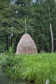 Traditioneller Heuhaufen mit Holzstange in ländlicher Sommerlandschaft