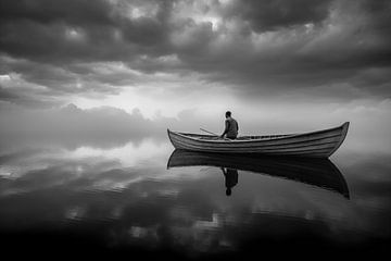 Een zwart-witfoto van een man in een boot op het meer van Animaflora PicsStock