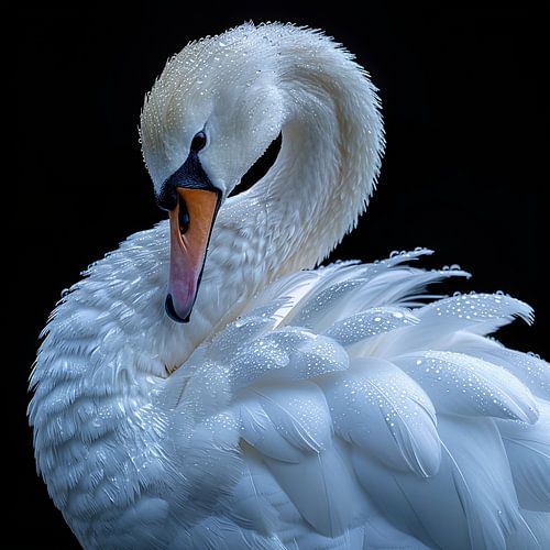 Gros plan sur un élégant cygne parsemé de gouttelettes d'eau