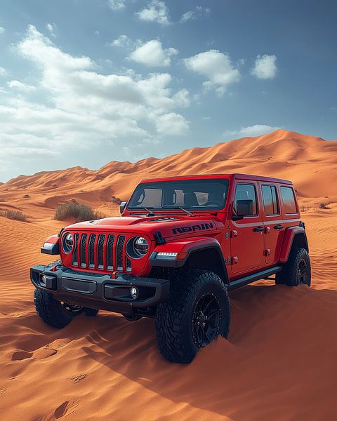 Rode Jeep Wrangler bij zonsondergang in de duinen van Lufy