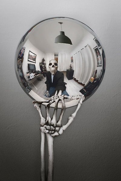 Self-portrait Skeleton with Reflecting Sphere in Escher Style - Tribute to the Artist (2022 edition) by Elianne van Turennout
