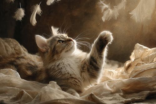 Kat met veren -  Poëtisch romantisch schilderij