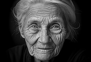 Porträt einer alten Frau mit schwarzen Hintergrund, Schwarzweißfotografie