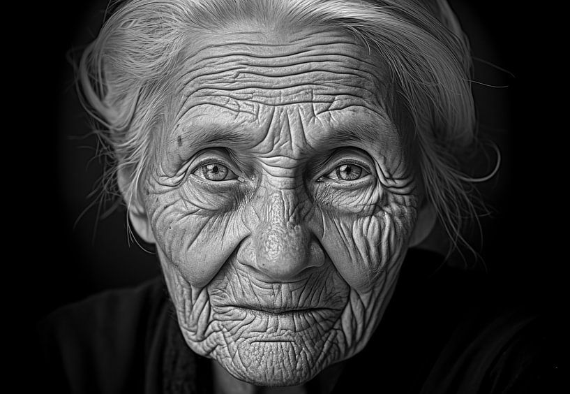 Porträt einer alten Frau mit schwarzen Hintergrund, Schwarzweißfotografie von Animaflora PicsStock