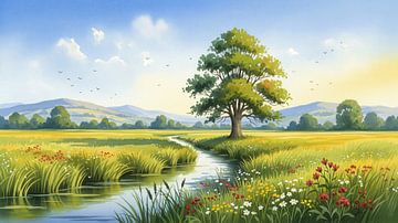 Landschaft mit Baum, Bach, Feld und Bergen von Markus Gann