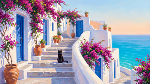 Le chat noir sur les marches de Santorin