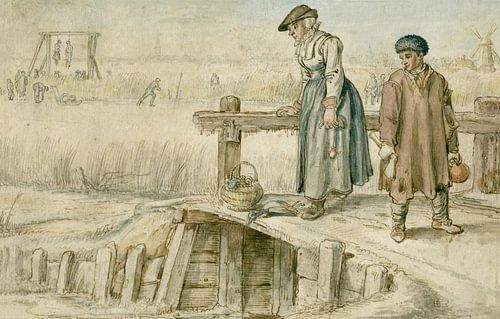 Femme et garçon sur un pont au bord de la glace, Hendrick Avercamp