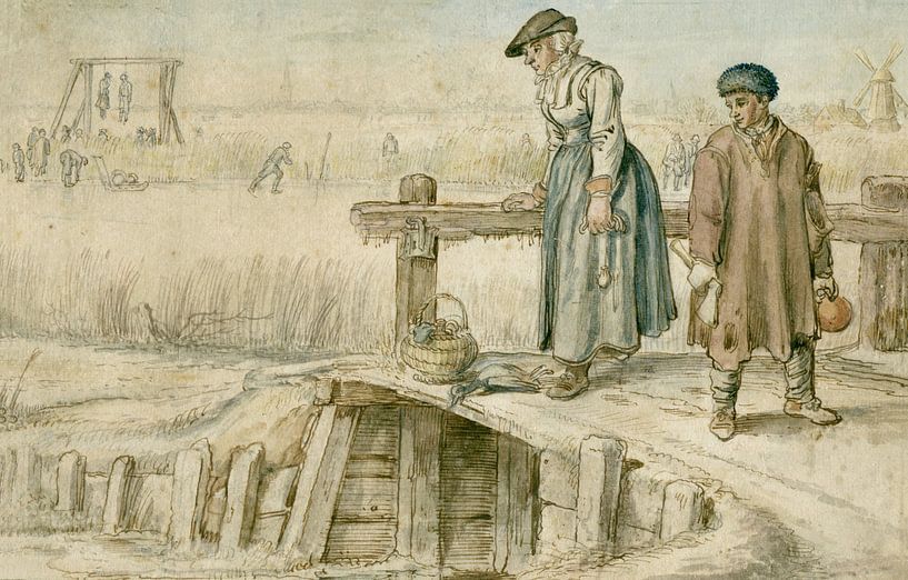 Femme et garçon sur un pont au bord de la glace, Hendrick Avercamp par Marieke de Koning