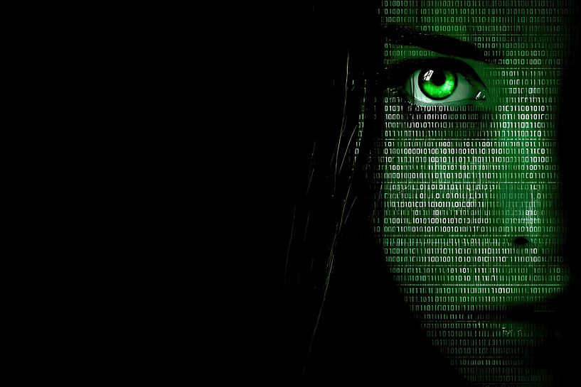 Binärcode fließt über Frauenporträt von Frank Heinz