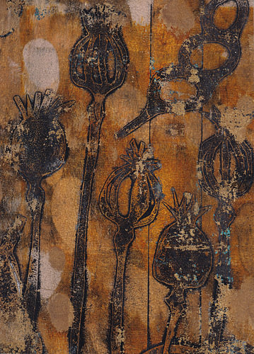 Monoprint in warm golden colours featuring poppies