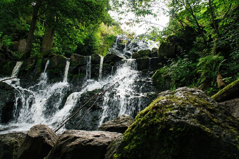 Kleine waterval in het bos met mos op stenen van Martin Köbsch