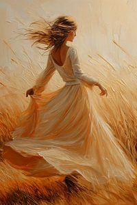 Vrolijk dansende dame tussen het hoge gras in beige zomerjurk van Margriet Hulsker