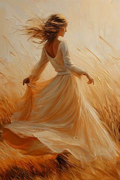 Cheerfully dancing lady among tall grass in beige summer dress by Margriet Hulsker