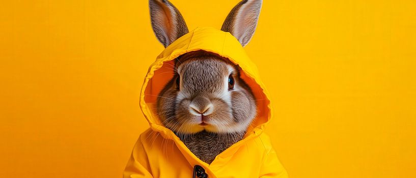 Hase im gelben Regenmantel – Lachend von Poster Art Shop
