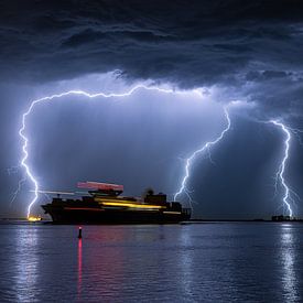Ship sails out during a severe thunderstorm by Menno van der Haven