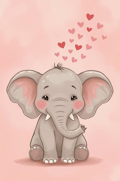 Bébé éléphant de dessin animé avec des cœurs sur fond rose par Dante S