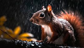 Eekhoorn in de regen met regendruppels