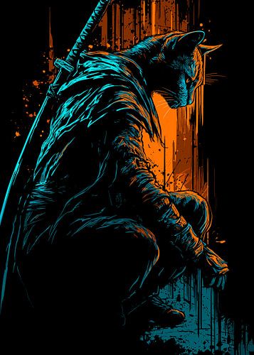 Chat dans l'ombre avec néon et katana sur Pixelbull Design