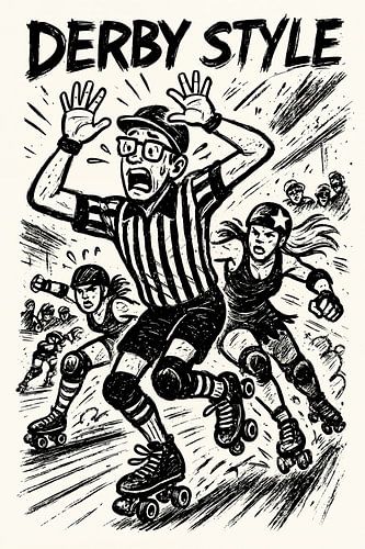 Scheidsrechter op de vlucht (roller derby style actie, humor, paniek, cartoon, zwart wit, rolschaatsen, jammer, blocker, girlpower)