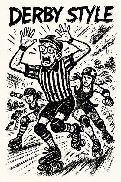 Scheidsrechter op de vlucht (roller derby style actie, humor, paniek, cartoon, zwart wit, rolschaatsen, jammer, blocker, girlpower) van Natalie Bruns