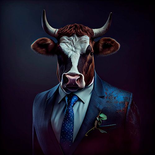 Portrait majestueux d'un Taureau en costume fantaisie sur Maarten Knops