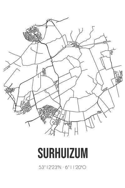 Surhuizum (Fryslan) | Karte | Schwarz und Weiß von Ortsdrucke