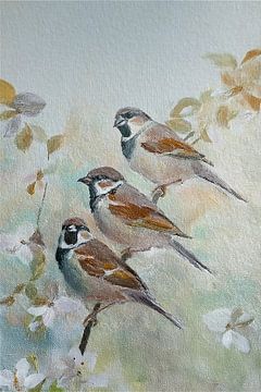 Natuurlijk Schilderij van Drie huismusjes op een appelbloesemtak van Studio Pieternel