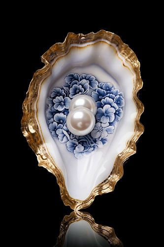 Oyster Gold Delft Blue on Black with Pearls by Marianne Ottemann - OTTI