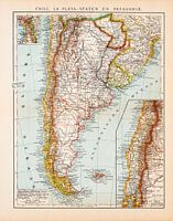 Vintage-Karte Chile, Patagonien, Argentinien, Uruguay und Paraguay