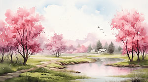 Frühlingslandschaft mit Aquarell Bäumen-Kunstdesign