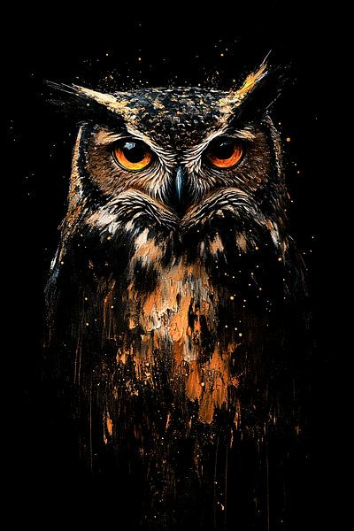 Ausdrucksstarke Eule auf dunklem Hintergrund von Art & Soul Creations