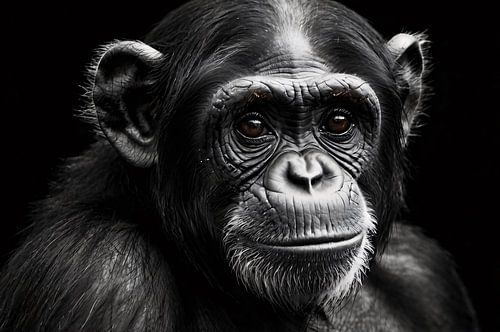 Zwart-wit chimpansee portret op donkere achtergrond