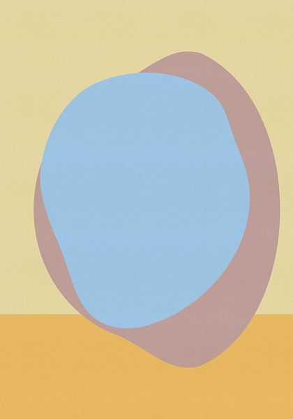 Abstract shapes in light blue and pink on butter yellow by Dina Dankers