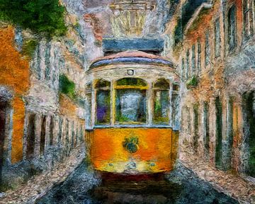 Portugese tram in de straat (kunst) van Art by Jeronimo