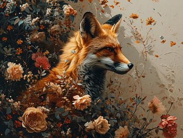 Murmures d'automne - Le renard entre les fleurs sur Eva Lee
