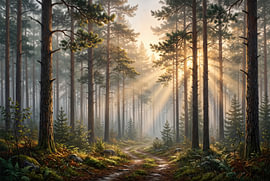 Sonnenlicht im Kiefernwald von Markus Gann