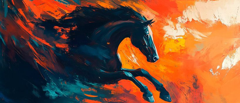 Black horse in a blaze of colour by Poster Art Shop