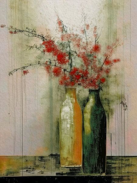 Timeless and Modern still life: two Bottles with blossom by Studio Pieternel