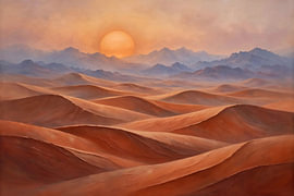 Golden Desert Dunes at Sunset with Distant Mountain Ranges by Artistic