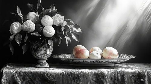 zwart wit stilleven van bloemen en fruit in een extreem dramatisch licht