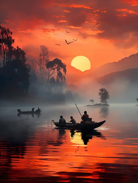 Lake Haroulita in the mist with fishermen by PixelPrestige