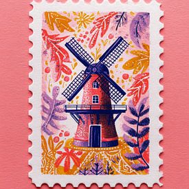 Illustrative stamp featuring a Dutch windmill by But First Framing