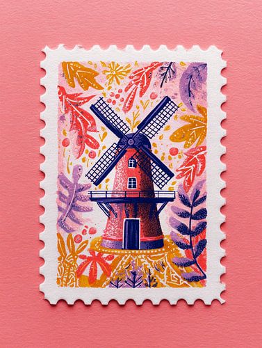Timbre illustré représentant un moulin néerlandais
