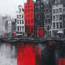 Schwarz-weiße Grachtenhäuser mit rotem Blickfang in Amsterdam von Digital Picture Art