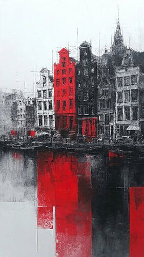 Black and White Canal Houses with Red Eye-Catcher in Amsterdam